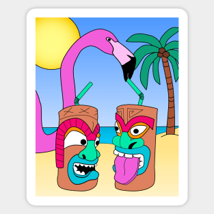 Funny Pink Flamingo and Tiki Drink - Summer Vibes Sticker